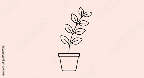 Minimalist line art illustration of a small leafy plant growing in a simple pot against a pale pink background in a clean modern style.