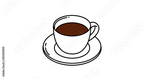 Minimalist black and white line drawing of a cup of coffee sitting on a saucer filled with dark liquid against a plain white background.