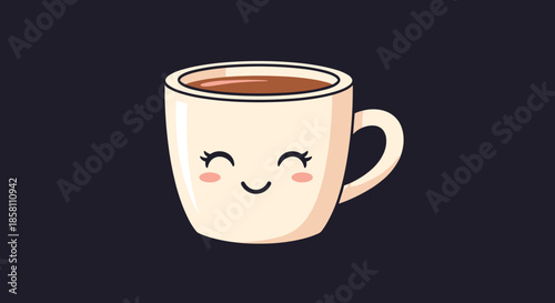 Simple and cute smiling coffee cup illustration on a dark background representing morning happiness and coffee shop culture.