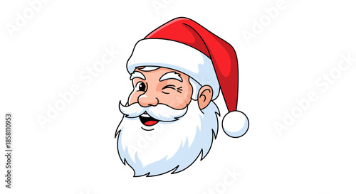 Jolly cartoon Santa Claus winking his eye with a big white beard and a classic red hat isolated on a plain white background for Christmas.