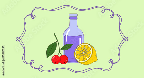 Decorative illustration of a purple bottle of fruit juice with lemon and cherries set within an ornate purple line frame.