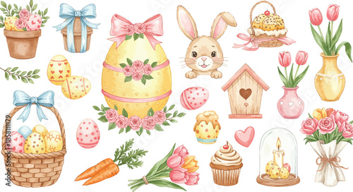 Easter decorations and treats in pastel colors with bunnies and eggs