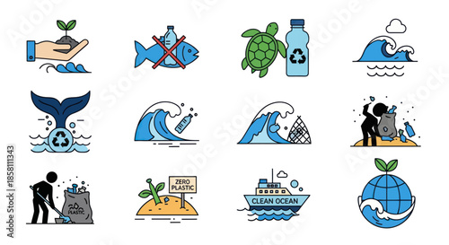 Environmental Conservation Icons: Protecting Oceans and Planet.