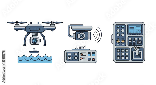 Maritime surveillance drone technology icon set featuring a quadcopter camera and remote control panels.