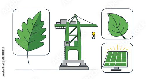 Green Construction Crane with Hook and Sustainable Energy Elements.