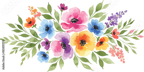 Vibrant colorful bouquet of flowers with green leaves on white background