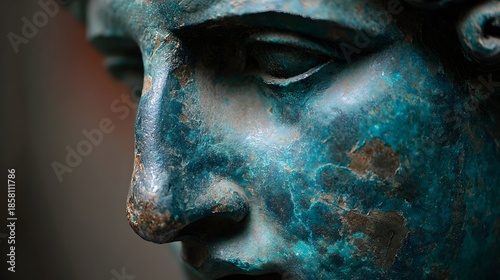 Ancient Bronze Sculpture Face Close-Up with Verdigris Patina.