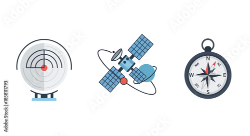 Navigation and Tracking Technology Icons: Radar Satellite and Compass.