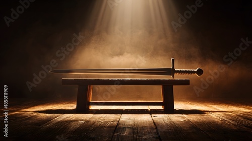 Ancient Sword Resting on Wooden Altar Under Dramatic Spotlight.