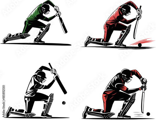 Cricket Batsman Shot Action silhouette Vector Illustration Set