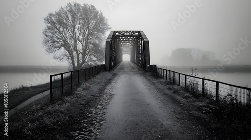 Black and White Image of an Old Bridge Leading to a Misty Horizon.