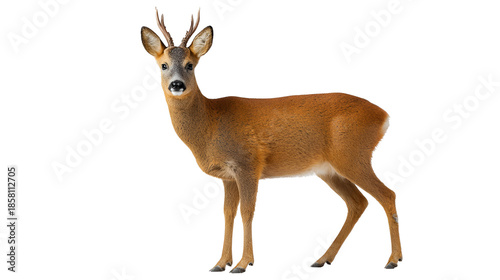 Male roe deer buck with small antlers standing alertly against a black background