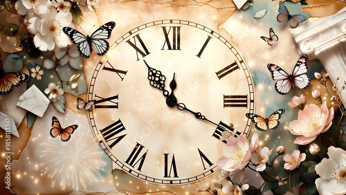 Surreal vintage clock with Roman numerals surrounded by colorful butterflies, blooming flowers, and ancient ruins in a dreamy magical glow
