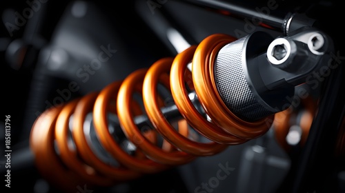Close-up Macro Shot of a Motorcycle Shock Absorber Spring.