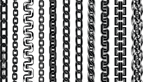 Vector illustration set of black metal chains including heavy industrial links jewelry necklaces and decorative security cables isolated on white background