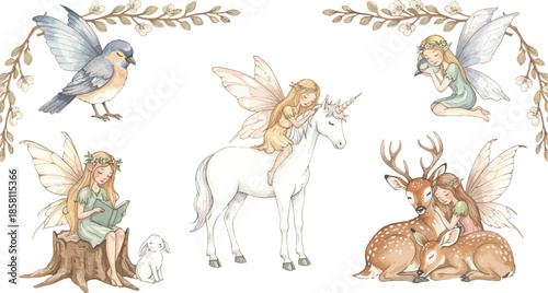 Whimsical forest creatures and foliage illustrations in earthy tones