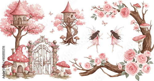 Whimsical fantasy scene with pink trees and mushrooms and gate to magical kingdom