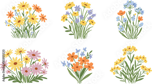 Six clusters of colorful flowers on green stems on white background