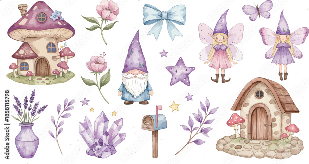 Fototapeta premium Whimsical illustration of fairy tale houses flowers butterflies and stars in pastel colors