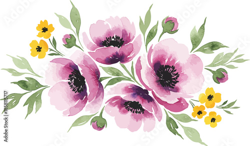 Beautiful bouquet of pink poppies and yellow flowers on white background