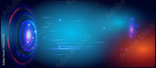 Hologram of futuristic planet Earth with digital glowing map of dots into cyberspace. Hi-tech HUD circles. Globe with abstract rings in the orbit with stardust. Global communication. Vector