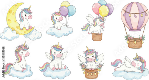 Whimsical unicorns floating on clouds with balloons and hot air balloons