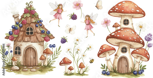 Whimsical illustration of fairy houses and mushroom dwellings in a garden