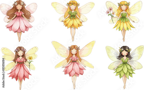 Six whimsical fairies in various colorful dresses with wings on white background