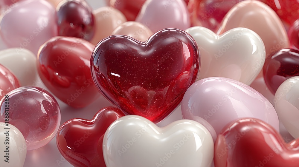 Obraz premium Unique Glossy 3D Heart Render Illustration for Valentine Theme Celebration