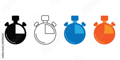 Set of Stopwatch Icons in Black, Outline, Blue, and Orange