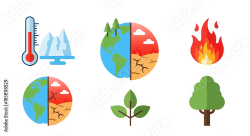 Climate Change Icons: Rising Temperatures Drought Fire and Environmental Impact.