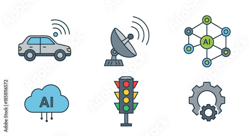 Technology Icons: Connected Car Satellite Dish AI Network Cloud Traffic Light Gears.
