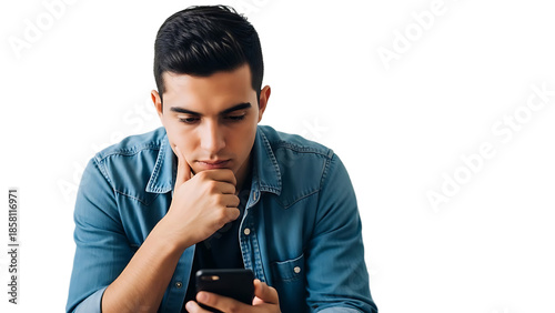 Man wearing blue shirt looks concerned while using smartphone