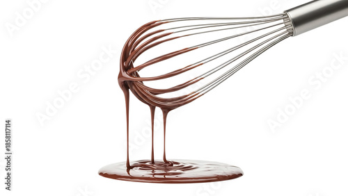 Chocolate sauce dripping from whisk on white background