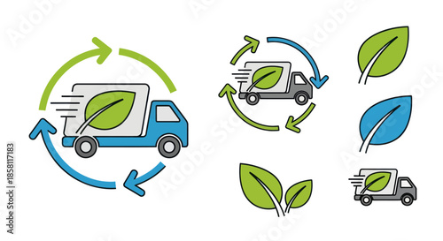 Eco-Friendly Delivery Truck with Green Leaf Symbol and Arrows.