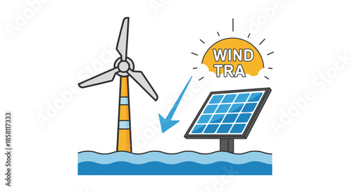Renewable Energy Sources: Wind Turbine Solar Panel and Sun Illustration.