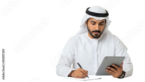 arabian man in traditional clothing working with tablet and notebook