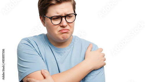 young man with glasses and blue t shirt looking upset and cold