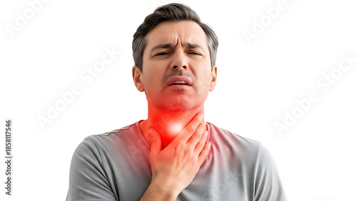 Man with sore throat and hand on neck