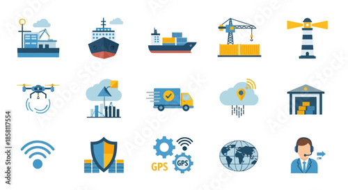 Global Logistics and Supply Chain Management Flat Icons Set.