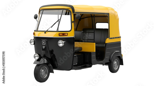 Yellow and black tuktuk with open door