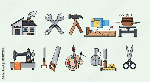 Assorted Hand Tools and Crafting Equipment Icons in Vector Style.