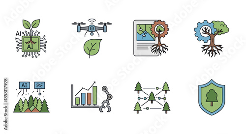 Colorful line art icon set illustrating smart farming environmental technology and forestry concepts.