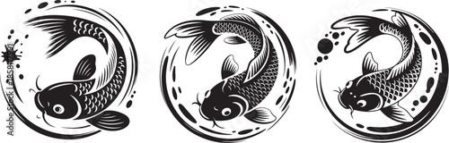Set of black and white koi fish swimming in water circle for traditional asian tattoo or mascot