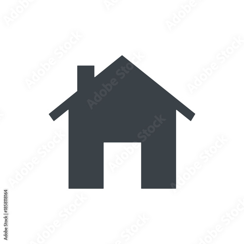 Simple dark grey house icon with chimney and door silhouette.