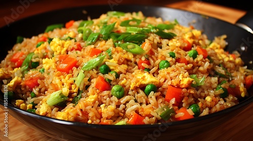 Vegetable fried rice with peas and carrots in a black wok for restaurant menu advertising.