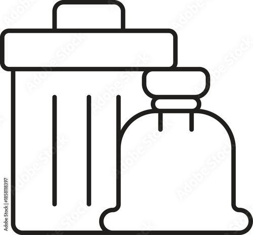 Outline illustration of a garbage can and a full trash bag.
