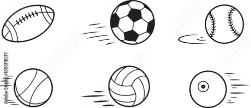 Various speeding sport balls illustration set featuring motion blur effect icons for quick athletic activity