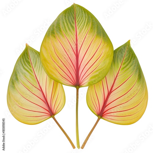 Three Vibrant Tropical Leaves with Red Veins
