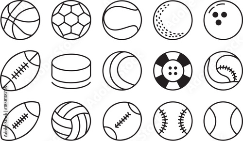 Set of black line icons with sports balls